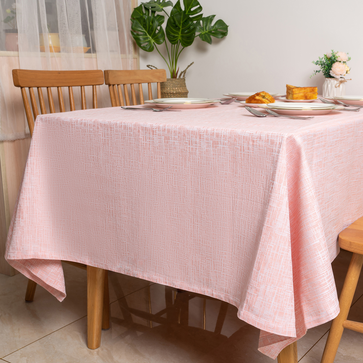 100% Cotton Pink Yarn Dyed Imitation Bamboo Yarn Tablecloth